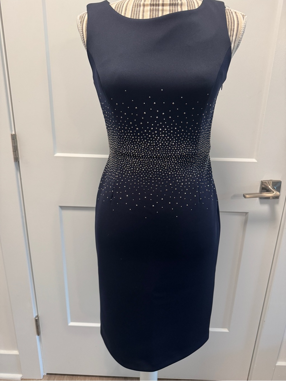 Calvin Klein Navy Midi Sheath Dress with Crystal Detail